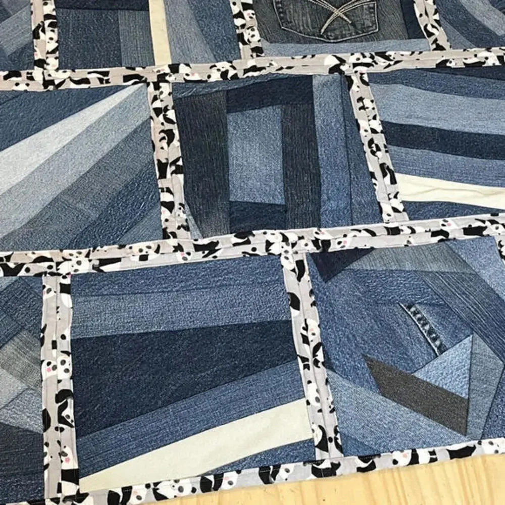 Handmade Denim‎ Quilt Panda Print Flannel on Reverse Heavy Blanket 46 x 42